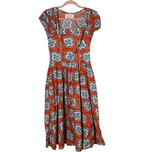 LAZYBONES XS MIDI length dress Orange with Blue yellow green print